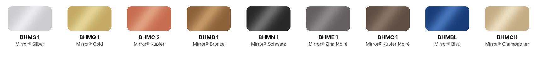 Barrisol Mirror Farben: Silber, Gold, Kupfer, Bronze, Schwarz, Zinn Moiré, Kupfer Moiré, Blau, Champagner